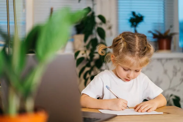Μικρό χαριτωμένο ξανθό κορίτσι γράφει, σπουδές στο σπίτι μπροστά από ένα φορητό υπολογιστή, σε απευθείας σύνδεση μάθηση, πίσω στο σχολείο — Φωτογραφία Αρχείου