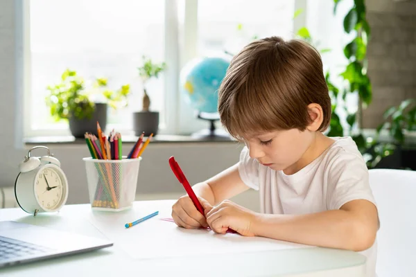 Den lilla pojken gör lektioner hemma vid bordet framför den bärbara datorn, distansutbildning online. — Stockfoto