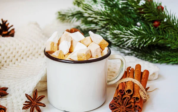 Weihnachtskakao Mit Marshmallows Neweyar Urlaub Selektiver Fokus — Stockfoto