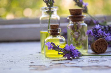 Lavanta yağı küçük bir şişede. Seçici odaklanma. Doğa.