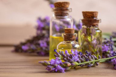 Lavanta yağı küçük bir şişede. Seçici odaklanma. Doğa.