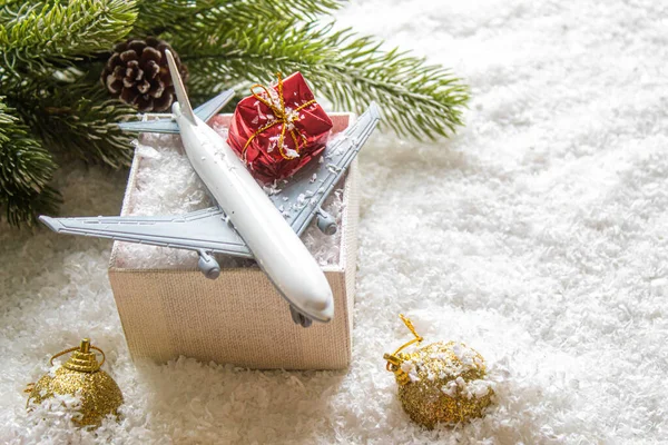 Viajar Por Navidad Avión Con Decoración Navidad Año Nuevo Selective — Foto de Stock
