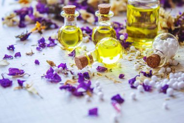 Homeopathy, herbs and their extracts. Selective focusnature