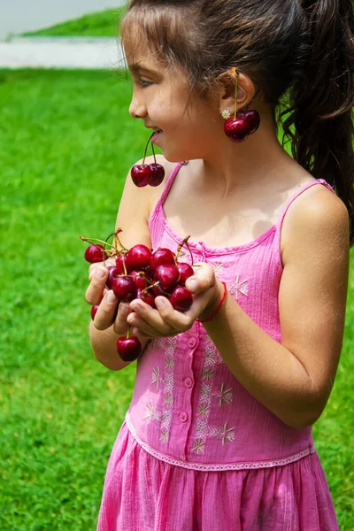 Dítě Sklízí Třešně Zahradě Selektivní Soustředění Jídlo — Stock fotografie