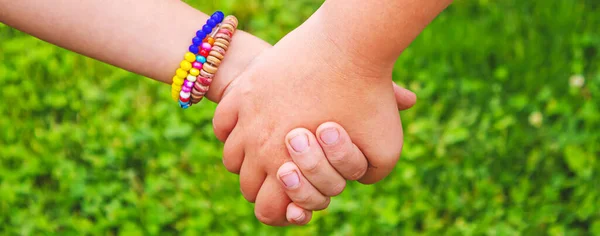 Children Put Hands Together Selective Focus Kids — Stockfoto