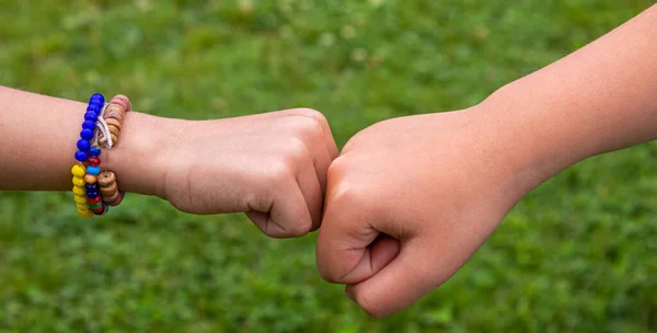 Children Put Hands Together Selective Focus Kids — Stockfoto