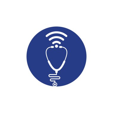 Stetoskop Wifi Tıbbi Logo Tasarımı. Wi-Fi sinyalleri simgesi ile stetoskop.
