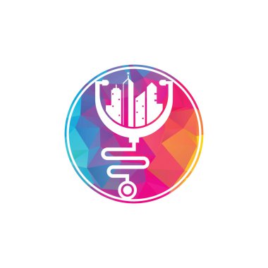 Tıbbi şehir vektör logosu şablonu. Stetoskop ve şehir vektörü. Şehir ilaç logosu