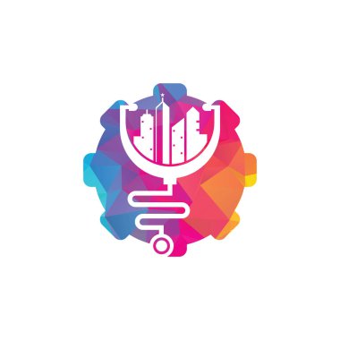 Tıbbi şehir vites şekilli vektör logosu şablonu. Stetoskop ve şehir vektörü. Şehir ilaç logosu