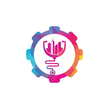 Tıbbi şehir vites şekilli vektör logosu şablonu. Stetoskop ve şehir vektörü. Şehir ilaç logosu