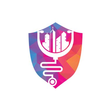Tıbbi şehir vektör logosu şablonu. Stetoskop ve şehir vektörü. Şehir ilaç logosu