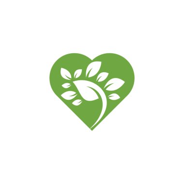 Yaprak kalp şeklinde logo şablonu. Ağaç yaprağı logo şablonu tasarım vektörü, simge illüstrasyonu.