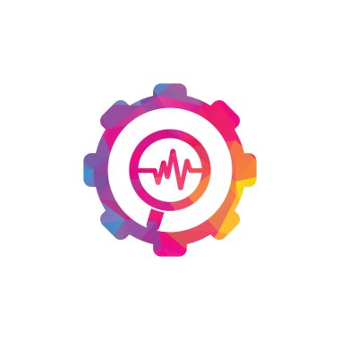 Darbe dişlisi şekilli logo tasarımı konseptini bul. Büyüteç ve kalp atışı şablonu. Nabız izi ve loupe vektörü.