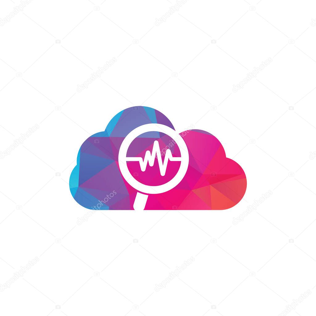 Find pulse cloud shape logo designs concept. Magnifier and heartbeat logo template. Pulse trace and loupe vector