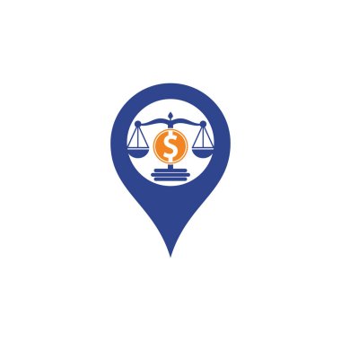 Para hukuku firması harita pin vektör logosu tasarımı. Finans konsepti. Logotype ölçeği ve dolar sembolü simgesi