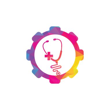 Stetoskop çapraz dişli logo tasarımı. Çapraz ve steteskop simgesi olan sağlık vektörü sağlık logosu.