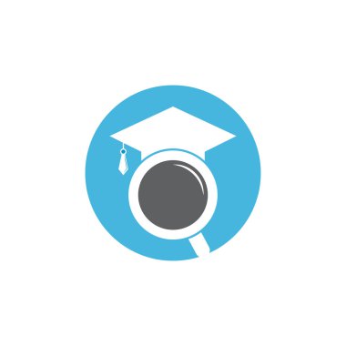Mezuniyet Şapkası ve Büyüteç logosu tasarımı. Öğrenci bulucu vektör logo şablonu.