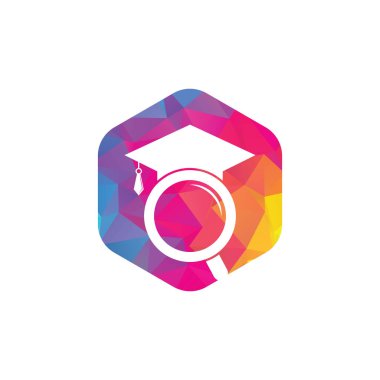 Mezuniyet Şapkası ve Büyüteç logosu tasarımı. Öğrenci bulucu vektör logo şablonu.
