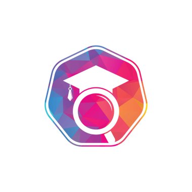 Mezuniyet Şapkası ve Büyüteç logosu tasarımı. Öğrenci bulucu vektör logo şablonu.