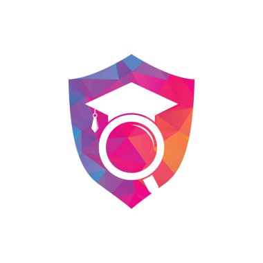 Mezuniyet Şapkası ve Büyüteç logosu tasarımı. Öğrenci bulucu vektör logo şablonu.