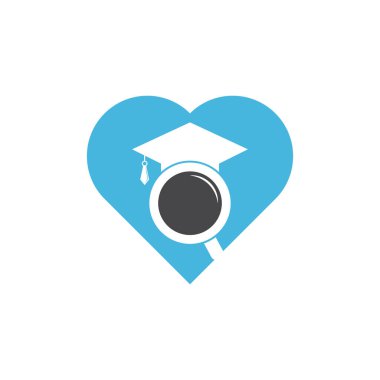 Eğitim kalbi şekilli konsept logosu ara. Mezuniyet Şapkası ve Büyüteç logosu tasarımı. Öğrenci bulucu vektör logo şablonu.
