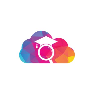 Arama eğitim bulutu şekilli konsept logosu. Mezuniyet Şapkası ve Büyüteç logosu tasarımı. Öğrenci bulucu vektör logo şablonu.