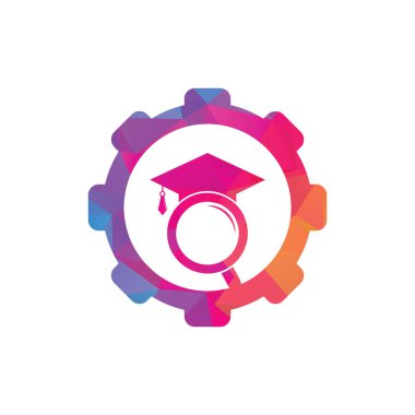 Eğitim teçhizatı konsept logosu ara. Mezuniyet Şapkası ve Büyüteç logosu tasarımı. Öğrenci bulucu vektör logo şablonu.