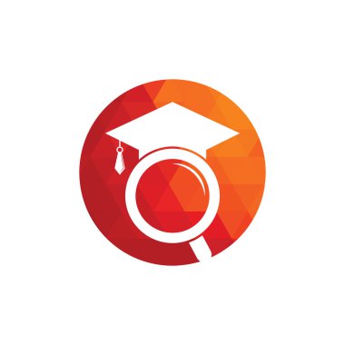 Mezuniyet Şapkası ve Büyüteç logosu tasarımı. Öğrenci bulucu vektör logo şablonu.