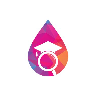 Arama eğitimi konsept logosunu düşürür. Mezuniyet Şapkası ve Büyüteç logosu tasarımı. Öğrenci bulucu vektör logo şablonu.