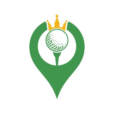 King golf GPS şekilli konsept vektör logosu tasarımı. Taç vektör simgesi ile golf topu.