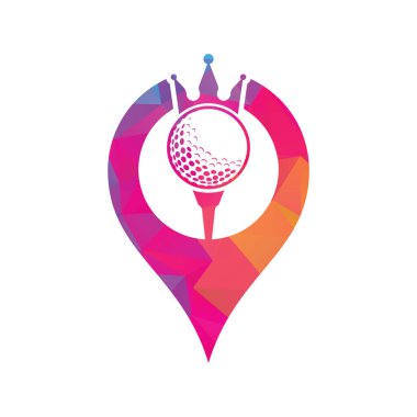King golf GPS şekilli konsept vektör logosu tasarımı. Taç vektör simgesi ile golf topu.
