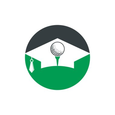 Mezuniyet şapkası ve golf topu logosu tasarımı. Golf Okulu Simgesi Logosu Tasarım Elemanı. Golf Akademisi Logo Vektörü Simgesi.