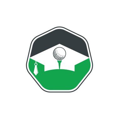 Mezuniyet şapkası ve golf topu logosu tasarımı. Golf Okulu Simgesi Logosu Tasarım Elemanı. Golf Akademisi Logo Vektörü Simgesi.