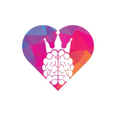 Crown beyin kalp şekli logo ikonu tasarımı. Akıllı kral vektör logosu tasarımı. Taç simgesi dizaynlı insan beyni.