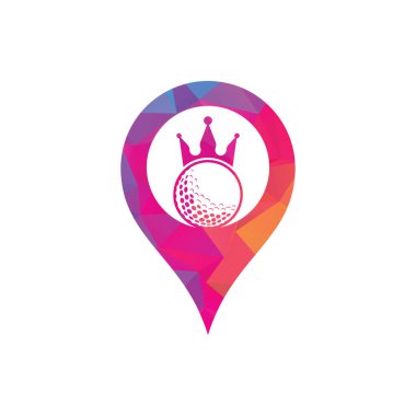 King golf GPS şekilli konsept vektör logosu tasarımı. Taç vektör simgesi ile golf topu.