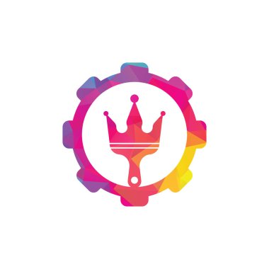 Kral boyası ve vites şekilli konsept vektör logosu tasarımı. Taç ve boya fırçası simgesi.