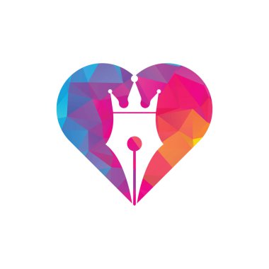 Kral kalem ve kalp şekli vektör logosu tasarımı. Kraliyet Kalemi Taç Logo tasarım şablonu.