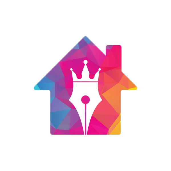 King Pen Home Shape Vector Logo Design Royal Pen Crown — Stock Vector