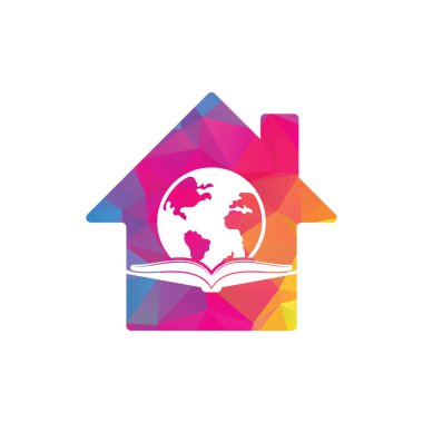 Dünya kitabı ev şekli konsept logo tasarım vektörü. Eğitim dünyası logosu. Kitap simgesi tasarımlı dünya.