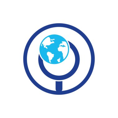 Küresel logo vektör simgesi. dünya ve loupe logo kombinasyonu. Benzersiz dünya ve arama logoti tasarım şablonu.