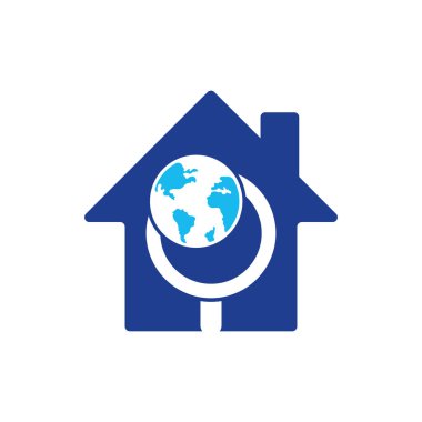 Küresel arama ev şekli logo vektör simgesi. dünya ve loupe logo kombinasyonu. Benzersiz dünya ve arama logoti tasarım şablonu.