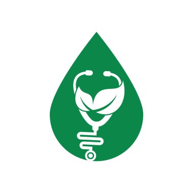 Stetoskop yaprağı vektör logosu tasarımı. Steteskop ve damla ikon tasarımlı modern doğal yaprak.