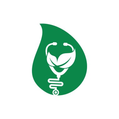 Stetoskop yaprağı vektör logosu tasarımı. Steteskop ve damla ikon tasarımlı modern doğal yaprak.