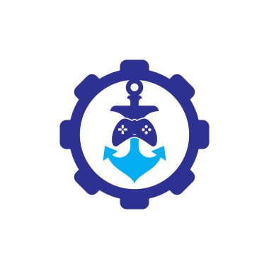 Oyun sunucusu teçhizat şekilli konsept logo şablonu. Joystick ve çapa logosu. Joystick ve çapa simgesi.