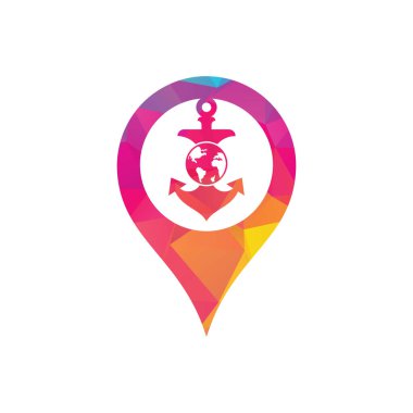 Anchor Globe GPS konsept logo şablonu. Çapa ve gezegen logosu kombinasyonu. Denizci ve dünya sembolü veya simgesi.