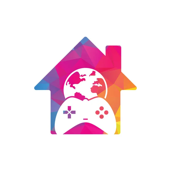 游戏Globe家庭形状概念标志图标设计 在线游戏世界标志 Globe和Game Stick Icon — 图库矢量图片