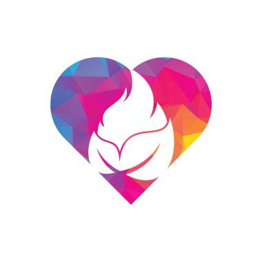 Yaprak ateş kalp şekli konsept vektör logo tasarım şablonu. Çevre yeşili alternatif enerji logosu tasarım şablonu.