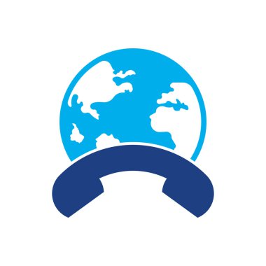 Çağrı ve küre ikonu. Cep telefonu vektör logosuna sahip dünya.