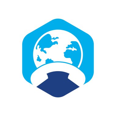 Çağrı ve küre ikonu. Cep telefonu vektör logosuna sahip dünya.