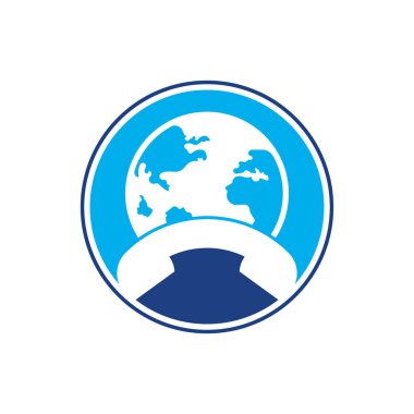 Çağrı ve küre ikonu. Cep telefonu vektör logosuna sahip dünya.